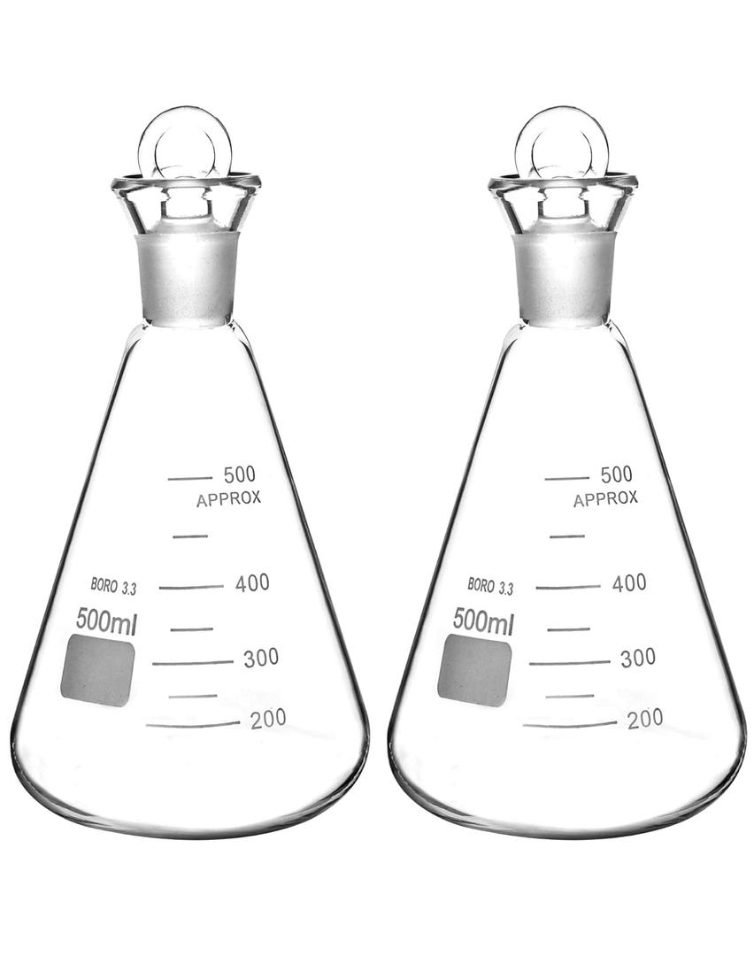 QWORK 500ml Lodine Flask with Stopper, Thick Wall Flask with 24/29 Standard Conical Outer Connection, 2 Pack Heavy Duty Borosilicate Glass Erlenmeyer Flask Interchangeable Stopper, Conical Shape