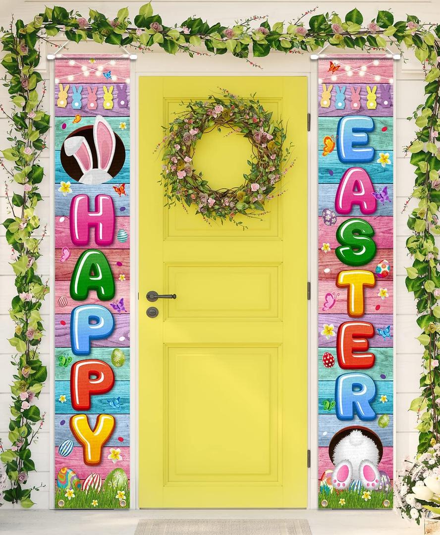 Easter Porch Sign-Easter Bunny Banner Decoration, Easter Welcome Sign Happy Easter Party Supplies,Spring Theme Easter Door Hanging for Easter(Porch Sign)