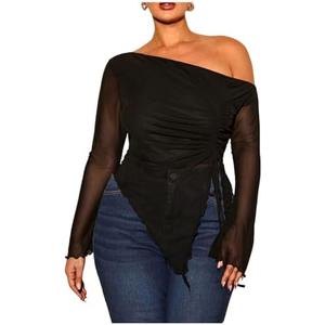 RoseSeek Women's Plus Size Sheer Mesh Off Shoulder Tops Long Sleeve Drawstring Asymmetrical Hem Ruched T Shirt 2XL