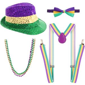 6Pcs Mardi Gras Accessories Set Mardi Gras Costume Outfit Men Women Sequin Hat Bow Tie Costume Suspender Bead Necklaces for Carnival Halloween Party