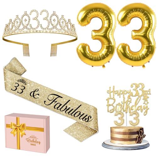 33 Birthday Decorations Women Gold with 33rd Birthday Sash and Tiara, Cake Topper and Candles, Number Balloons, 33 Year Old Gifts for Women