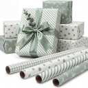 woric Sage Green Wrapping Paper 4 Rolls Gift Wrapping Paper with Stripe Polka Dot Check Beige Leaves Design for Wedding Baby Shower Graduation Birthday Spring Decor - 17 x 120 in(10ft) Per Roll