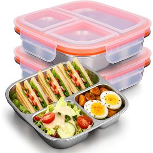 Palksky Lunch Box Containers Stainless Steel, Bento Lunch Box for Adults Men Women, 3-Compartments Metal Food Storage Containers with Leakproof Lids for Travel Picnics Office (2 Packs)