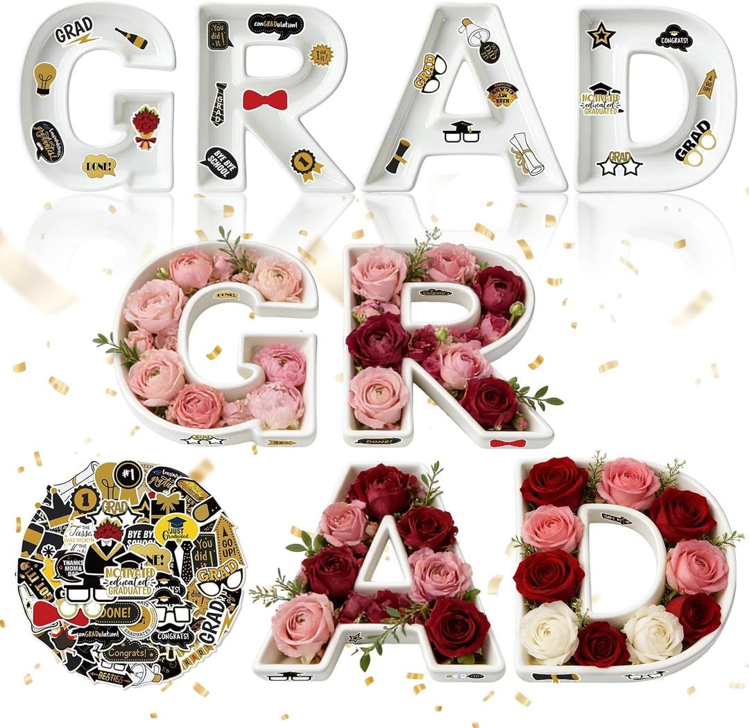 2026 Graduation Decorations Charcuterie Numbers Board Box Set, Graduation Centerpieces Ceramic Letters Fillable Food Trays with Stickers for Kindergarten Preschool High School Party Supplies (Grad)