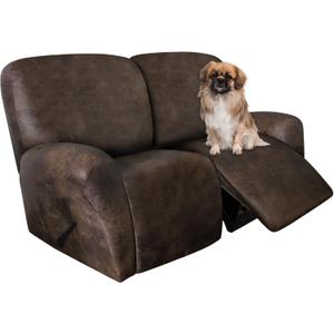 ANARACHON Leather Look Loveseat Recliner Covers Stay in Place 6-Piece Recliner Sofa Slipcover 2 Seater Reclining Couch Cover Furniture Protector Spandex Fabric Washable (Recliner Loveseat, Brown)