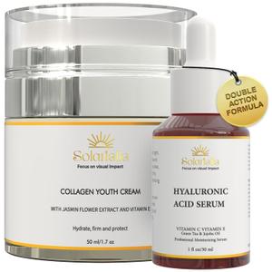 Collagen Youth Cream & Hyaluronic Acid Serum Set by Solarielle Anti-Aging Skincare Duo for Deep Hydration, Firming & Wrinkle Care