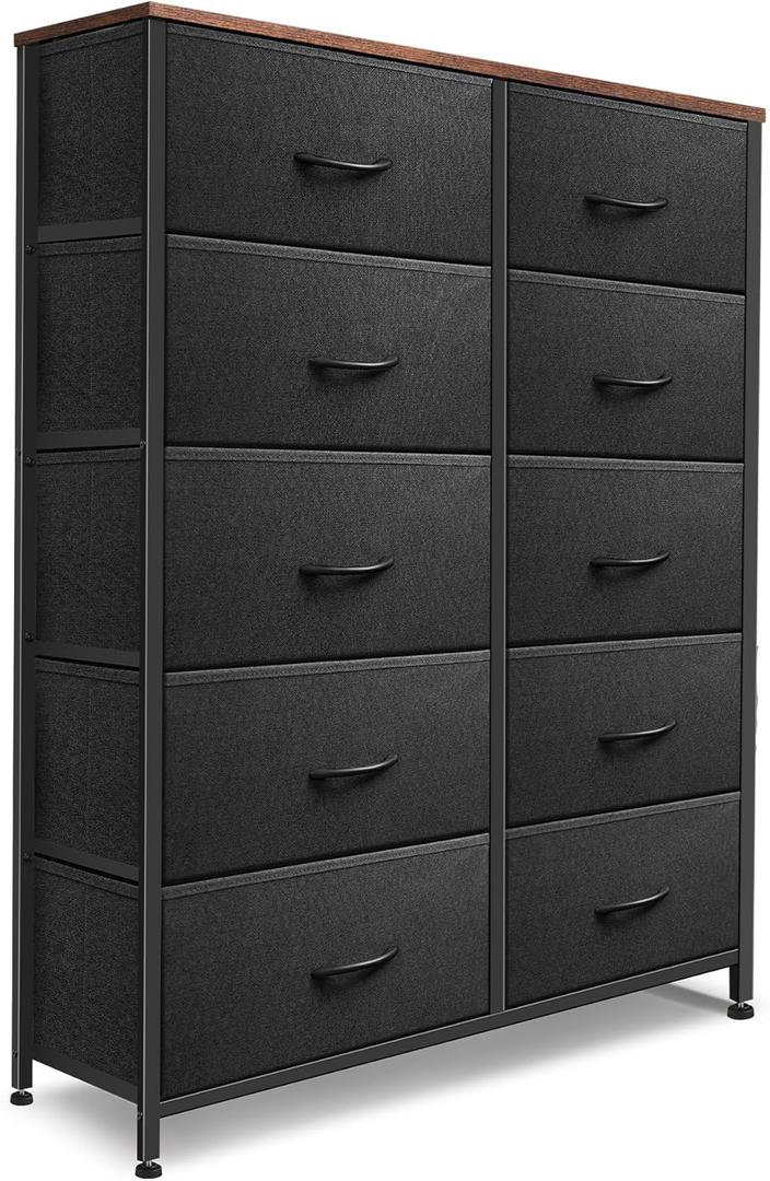 Dresser for Bedroom with 10 Drawers, Chest of Drawers, Storage Drawers Organizer Unit, Black Wide Fabric Dresser with Fabric Bins for Closet, Living Room, Entryway (Black and Rustic Brown)