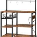 HOOBRO Bakers Rack with Power Outlet, 35.4 Inches Coffee Bar with Mesh Basket, Microwave Stand with 4 S-Shaped Hooks, Kitchen Bakers Rack with Storage, Easy to Assemble, Rustic Brown BF05HB01