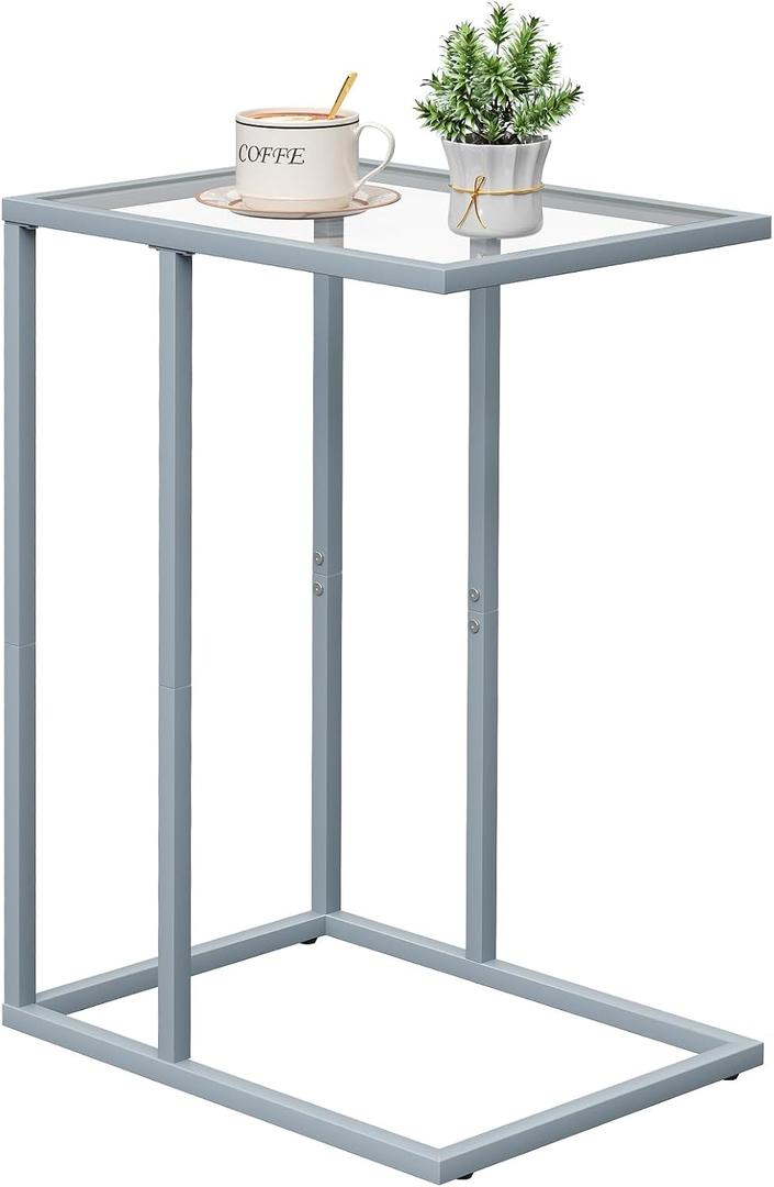 End Table,C Shaped Side Table for Sofa,Glass Couch Tray Snack Dinner Table for Living Room, Bedroom,TV Tray Table for Small Space,Living Room, Bedroom,Easy Assembly (Gray)