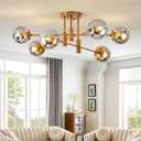 6 Lights Gold Chandelier Globe Glass Cover Sputnik Ceiling Light Fixture,34" Large Dining Room Light Fixture Smoke Bubble Chandeliers for Living RoomModern Chandelier Decor