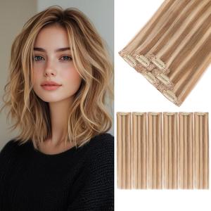 S-noilite 6Pcs Clip in Human Hair Extensions,Remy Single Short Clip in Hair Extensions 6Pcs 6clips Straight Seamless Hairpieces for Women 10Inch 31g #6P613R (Light Brown Mix Bleach Blonde(Short))