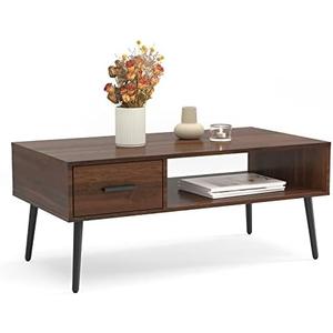 HAIOOU Coffee Table, Mid Century Modern Center Table for Living Room with Storage, Walnut Tea Table with Drawer, Open Storage Shelf, Floor-Anti-Scratching Pine Leg for Home, Office(Dark Brown)