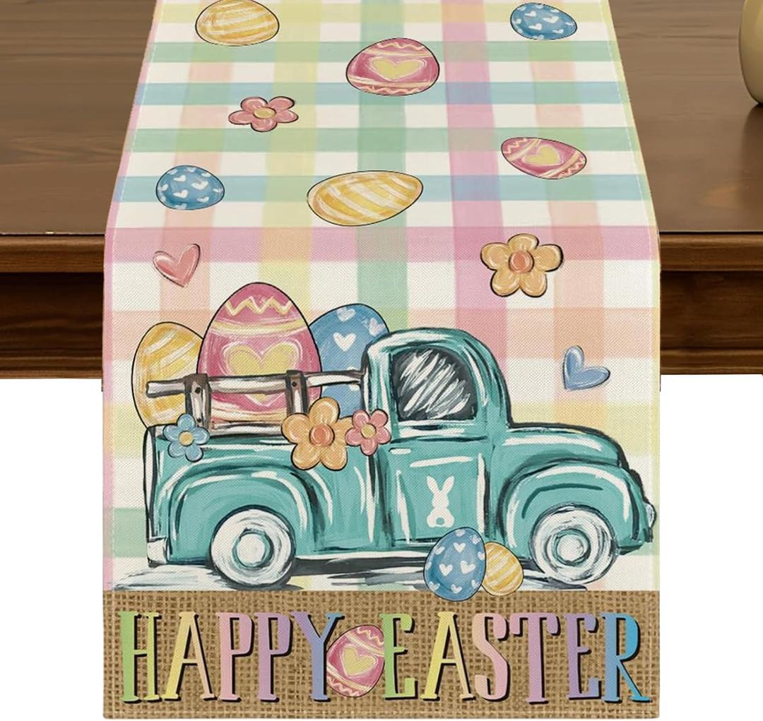 3 x Happy Easter Carrot Egg Truck Daisy Table Runner 13x72 Inch Pink Yellow Buffalo Plaid Spring Kitchen Dining Table Decor for Indoor Outdoor Farmhouse Home Party Decoration ZQ105