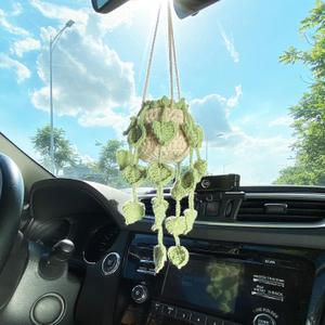Plant Car Accessory, Crochet Plant, Knitted Fake Plant Decor, Woven Cute Charms Ornament Pendant, Crocheted Plant in Hanging Pot, Crochet Car Decor, Crochet Leaves Plant for Rear View Mirror (Mint Green)