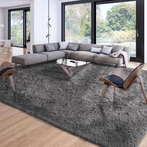 Merelax Soft Modern Indoor Large Shaggy Rug for Livingroom Bedroom Dorm Kids Room Home Decor, Non-Slip Plush Fluffy Furry Fur Area Rugs Comfy Nursery Accent Floor Carpet 9x12 Feet, Dark Grey