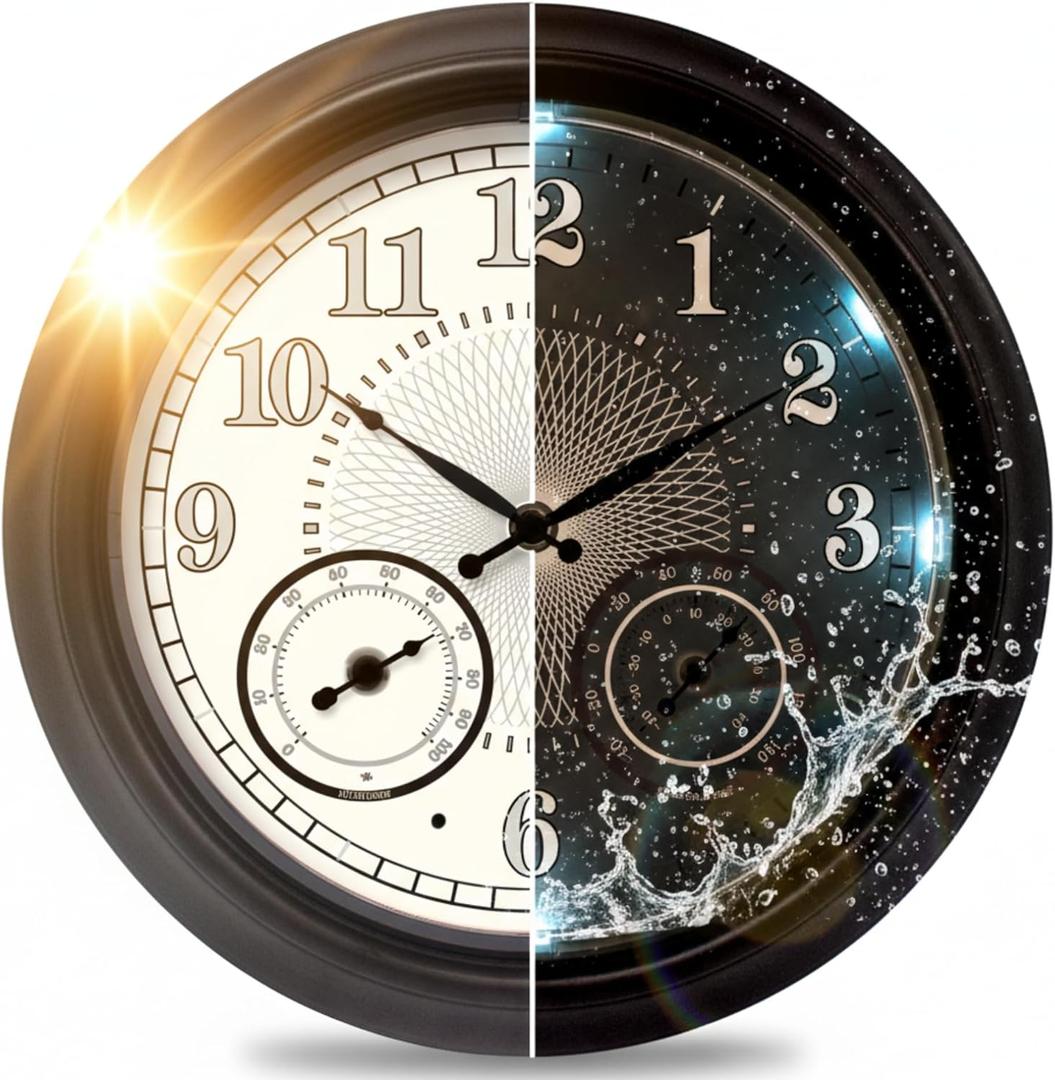 Illuminated Large Outdoor Clock - 18 inch Indoor Outdoor Night Light Wall Clock with Smart LED Sensor, Temperature and Humidity Combo - Weatherproof & Easy to Read for Pool, Patio & Home Decor