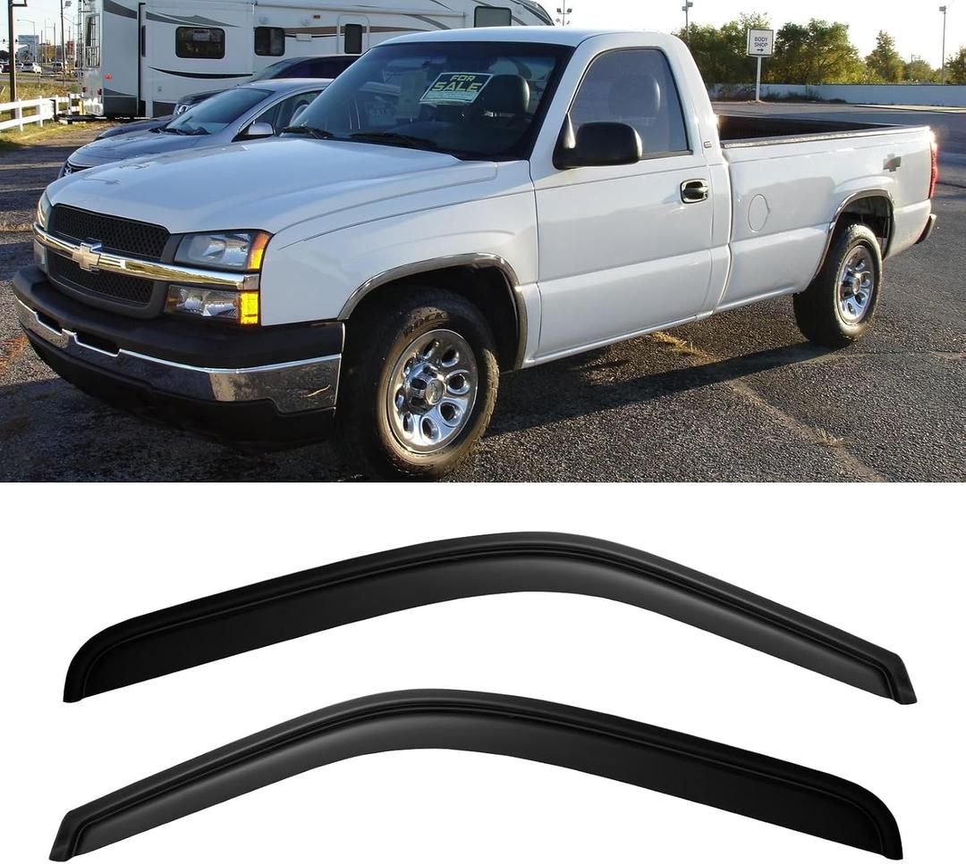 Window Rain Guards for 1999-2007 Sierra/Silverado 1500/2500/3500, Window Vent Wind Visors Shade Deflector 2000 2001 2002 2003 2004 2005 2006 Dark Smoke Sun/Rain Guard, Tape-On, 2PCS