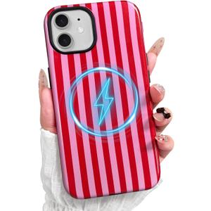 Magnetic for iPhone 11 Phone Case, Cute Striped Pattern Aesthetic Gloss Design, Stylish Shockproof Soft TPU and Hard PC 2-in-1 Protective Cover for iPhone 11, Red