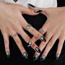 GLAMERMAID Gothic Black Press on Nail Medium Almond, Handmade Jelly Gel Fake Nail with Skull Design, Luminous Glue on Nail Short Oval, Reusable Acrylic Stiletto Stick on False NailS Kit for Women