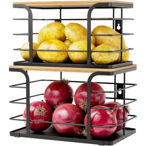 2 Pack Potato and Onion Storage Bin,Stackable Pantry Organizers and Storage with PP Liner and Bamboo Top,Kitchen Storage Organization Counter Basket for Fruits,Produce,Vegetable, Black