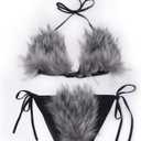 ZOSCGJMY Women's Faux Fur Halter String Triangle Bikini Sets Two Piece Swimsuits (Light Grey) One Size