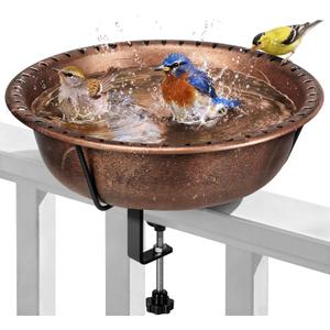 VIVOHOME Deck Mounted Bird Bath for Outside, Weather-Resistant ABS Bird Bath and Feeder with Adjustable Metal Clamp for Railing, Fence, Balcony, 1.45 Gallons, Bronze