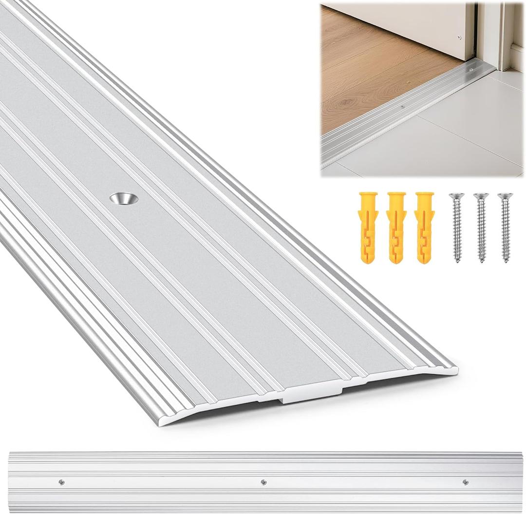 Aluminum Door Threshold - 36" L x 3" W Exterior Floor Transition Strip with Pre Drilled Holes and Expansion Screws, Non-Slip Fluted Saddle Threshold Flat Profile Threshold, Prevent Dust & Airflow