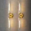 Knurled Brass Tube Wall Sconce - Set of 2 Luxury Modern Dimmable Sconces with Bulbs - Gold Glass Vanity Light Fixture - Vertical or Horizontal Mounted Indoor Lighting for Bathroom Bedroom Living Room