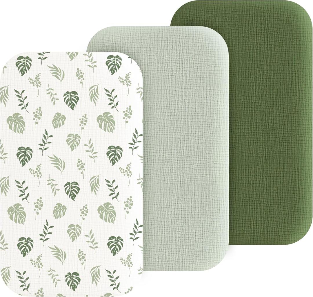 Muslin Bedside Sleeper Bassinet Fitted Sheets, 3 Pack Cotton Baby Sheet for Boys & Girls, Soft, Compatible with Baby Delight, Dream On Me, AMKE and Other Rectangle Mattress (Leaf Green)