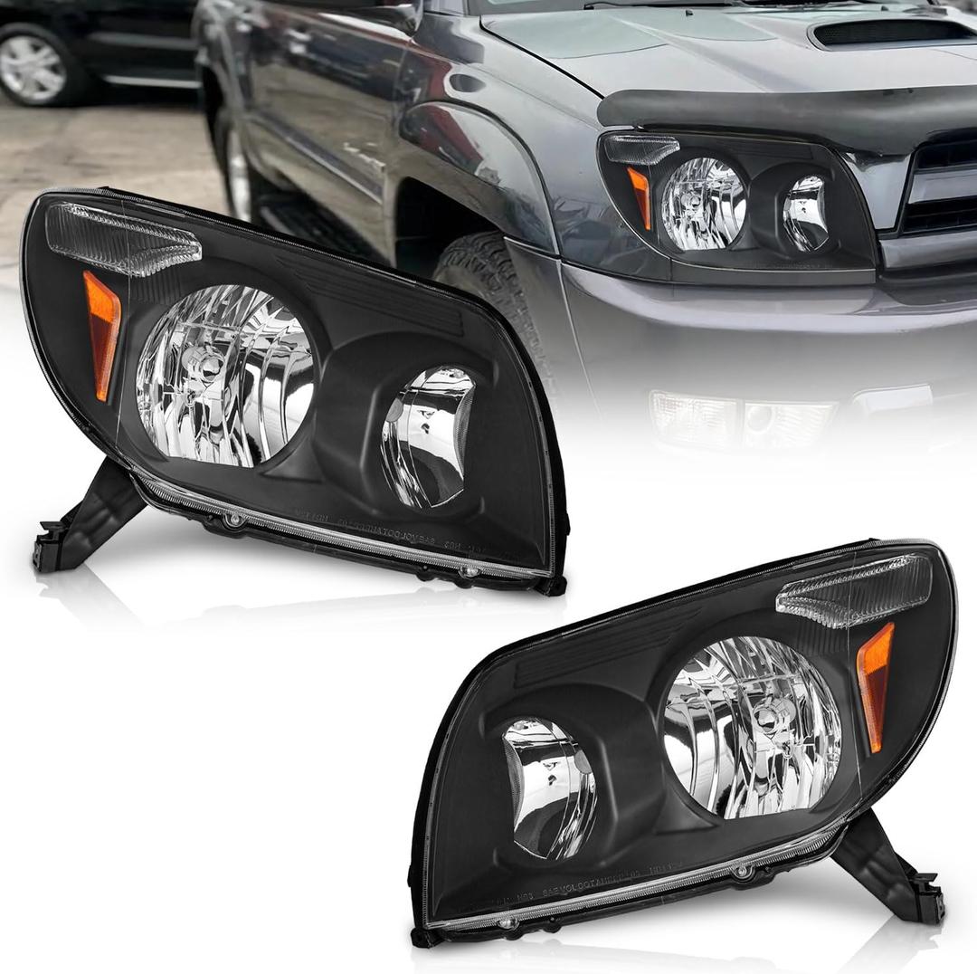 WEELMOTO Headlights for 2003 2004 2005 Toyota 4Runner, Compatible With 03 04 05 Toyota 4Runner Limited SR5 Sport Halogen Headlight Assembly, Black Housing Amber Reflector L+R