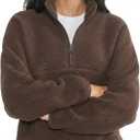 Fleece Sweatshirts for Women Cropped Long Sleeve Half Zip Pullover Sherpa Jacket Warm Fuzzy Coats with Pockets (Small, Brown)