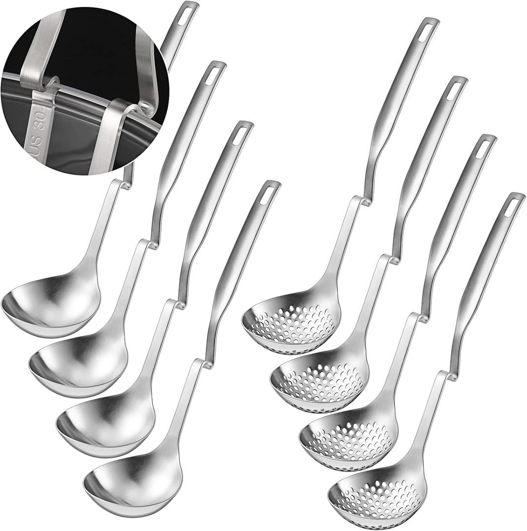 Patelai Hot Pot Slotted Ladle Set Stainless Steel Soup Ladle Strainer Scoops Cooking Skimmer Cookware Utensil for Hotpot Scooping Sauce Serving, 12 Inch(8 Pcs,Silver)
