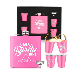 Realspring 6 Pcs Golf Gift Set for Women 6oz Golf Bottle with 4 Stainless Steel Glasses 1 Funnel for Golfers Funny Golfer Accessories for Women Mom Mother Day Birthday Gift