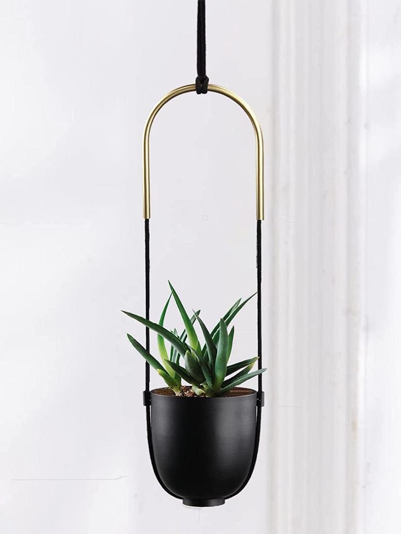 Metal Hanging Planter for Indoor Outdoor Plants Wall and Ceiling Hanging Flower Pot Plant Holder for Succulent Vines Ferns, Height Adjustable Modern Minimalist Room Decor(Black)