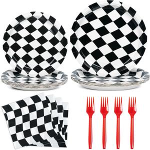 DECORLIFE 96Pcs Checkered Flag Party Supplies, Black and White Checkered Plates and Napkins Sets Serve 24, Race Car Birthday Party Decorations for Boys Birthday