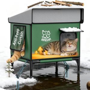 Apasiri Heated Cat House for Outdoor: Weatherproof Outside Cat Shelter, Insulated Cat House Outdoor with Heated Pad, Sloping Roof & Escape Door, Elevated Base for Stray Cats, Medium (M(18.5"x14"x16.5"))
