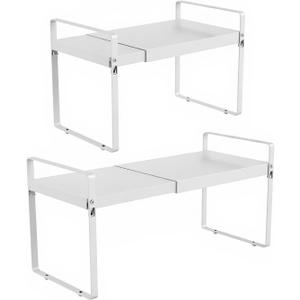 Expandable Cabinet Organizer Shelf Riser (14-25"), 11" Deep Heavy Duty Metal Cupboard Storage Rack for Kitchen Countertop & RV Pantry, 50 LBS Space Saver Shelving, White, 2 Pack