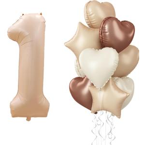 40 Inch Number 1 Balloon Decor, Cream Brown Foil Neutral Heart 1 Balloons with Taupe Star Helium Balloon for Girls Boys 1st Birthday Anniversary Baby Shower Party Boho Decoration Supplies (Beige)