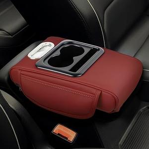wuyaoyao Car Center Console Cover, 13.39"×8.27"×3.15" Leather Car Armrest Cover with Pocket & Tissue Box & Cup Holder, Multifunctional Auto Armrest Cushion Pad, Universal Car Accessories (Red)