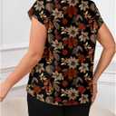 BEAUDRM Women's Plus Size Floral Blouse Retro Cap Sleeve V Neck Vacation Going Out Tops Shirt (XL)