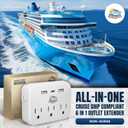 Cruise Ship Compliant Non-Surge Power Strip (6-in-1) Outlet Extender with 3 AC Outlets, 2 USB Ports & 1 USB-C, 2500W, Approved for Carnival, Norwegian, Princess & Disney Cruises (NOT Royal)