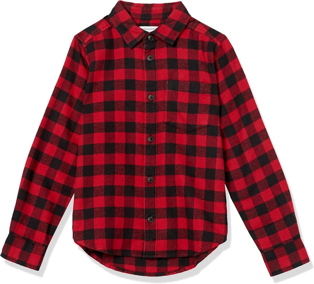 Amazon Essentials boys Flannel Button Down Shirt (X-Large, Red Buffalo Check)