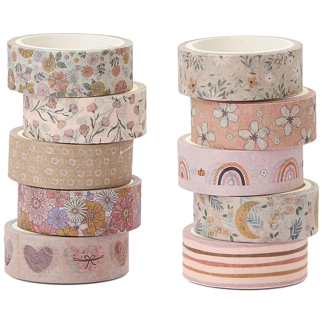 YUBX Boho Washi Tape Set 10 Rolls Cute Masking Graphic Floral Pattern Decorative Tapes for Arts, DIY Crafts, Journals, Planners, Scrapbook, Wrapping (Warm)