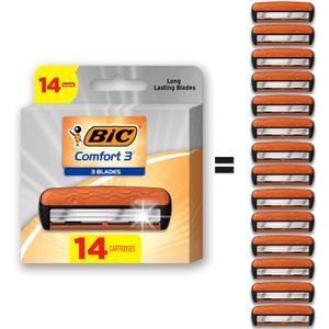 BIC Comfort 3 Refillable Refill Razor Cartridges, Three-Blade Disposable Razors for Men, Sensitive Skin Razor for a Comfortable Shave, 14 Razor Refill Cartridges