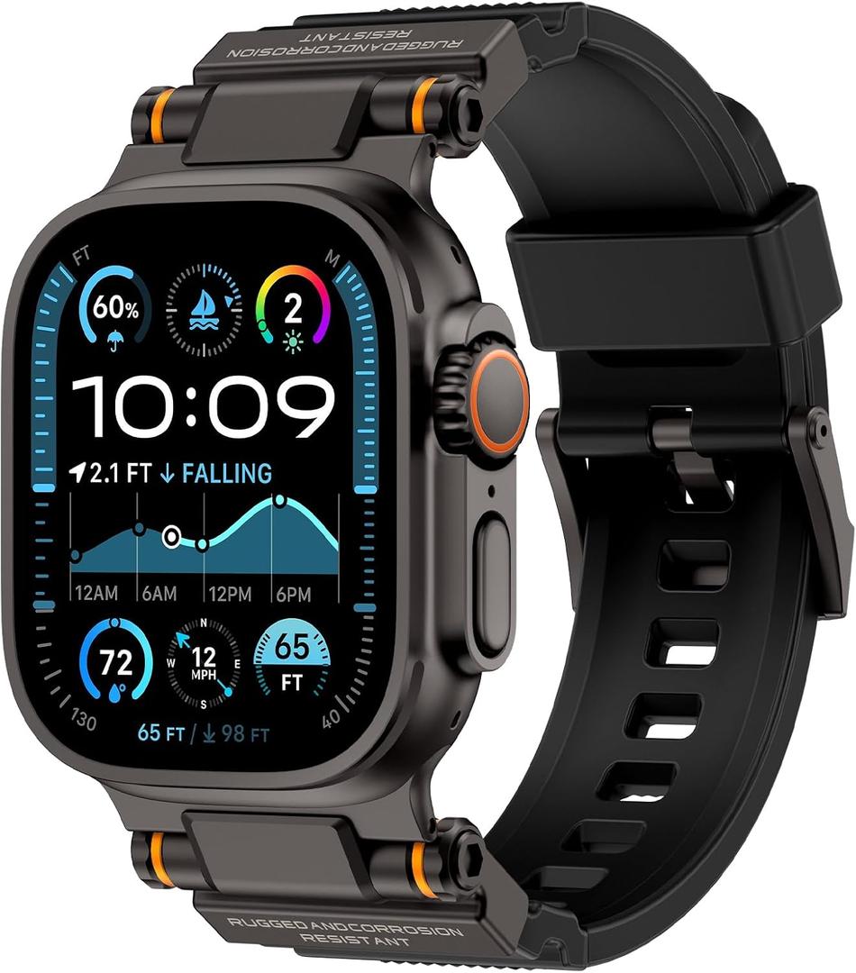 FOAMUNOC Rugged Band Compatible with Apple Watch Ultra 3/2/1 Band 49mm/46mm/45mm/44mm/42mm, Metal Connector with Silicone Strap for iWatch Ultra Series 11/10/9/8/7/6/SE3/SE2/SE/5/4/3/2/1, Black/Black