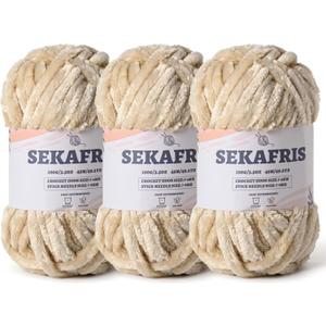 Fuzzy Chunky Chenille Yarn for Crocheting，Soft Plush Yarns for Hand Knitting，Bulky 3x100g（3x49.2 yd） Baby Blanket Yarn for Crocheting Amigurumi，Crochet Fluffy Velvet Yarns (3 Beige)