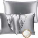 BHZ Grey Satin Goose Down Feather Pillows Queen Size Set of 2 with Satin Pillowcase for Hair and Skin, Cooling Pillow Cases Similar to Silk Pillow Cases, Decorative for Women, Mom Men