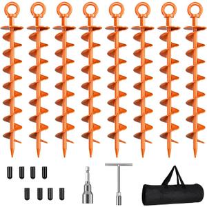 Ground Anchor Screw in, 8 Pack Spiral Trampoline Anchors with Nut and Tool Swing Set Anchors Tent Stakes High Wind Heavy Duty for Sheds, Carports, Mobile Home Orange