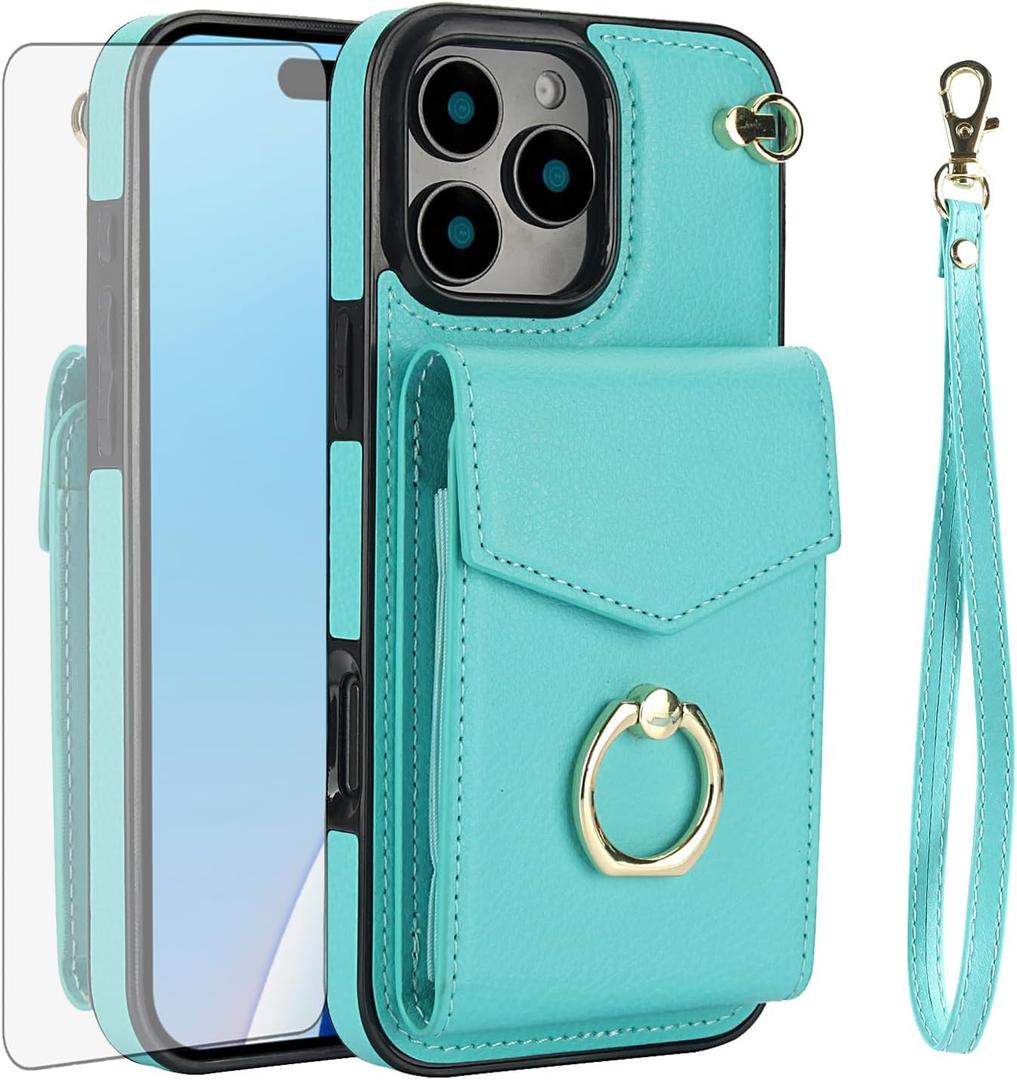 Asuwish Compatible with iPhone 16 Pro 6.3 inch Wallet Case Tempered Glass Screen Protector and RFID Blocking Ring Credit Card Holder Leather TPU Cell Phone Cover for i Phone16 i16 16Pro Women Men Teal