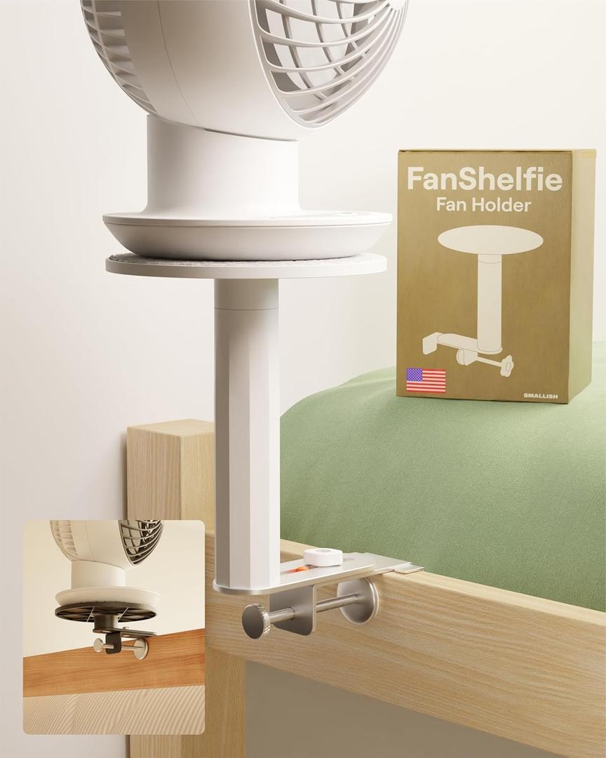 FanShelfie Adjustable Fan Holder for Dorm Room, Bunk & Lofted Bed, College Essentials for Boys & Girls, Patented Height & Distance Design, Compatible with Popular Dorm Fans (White)